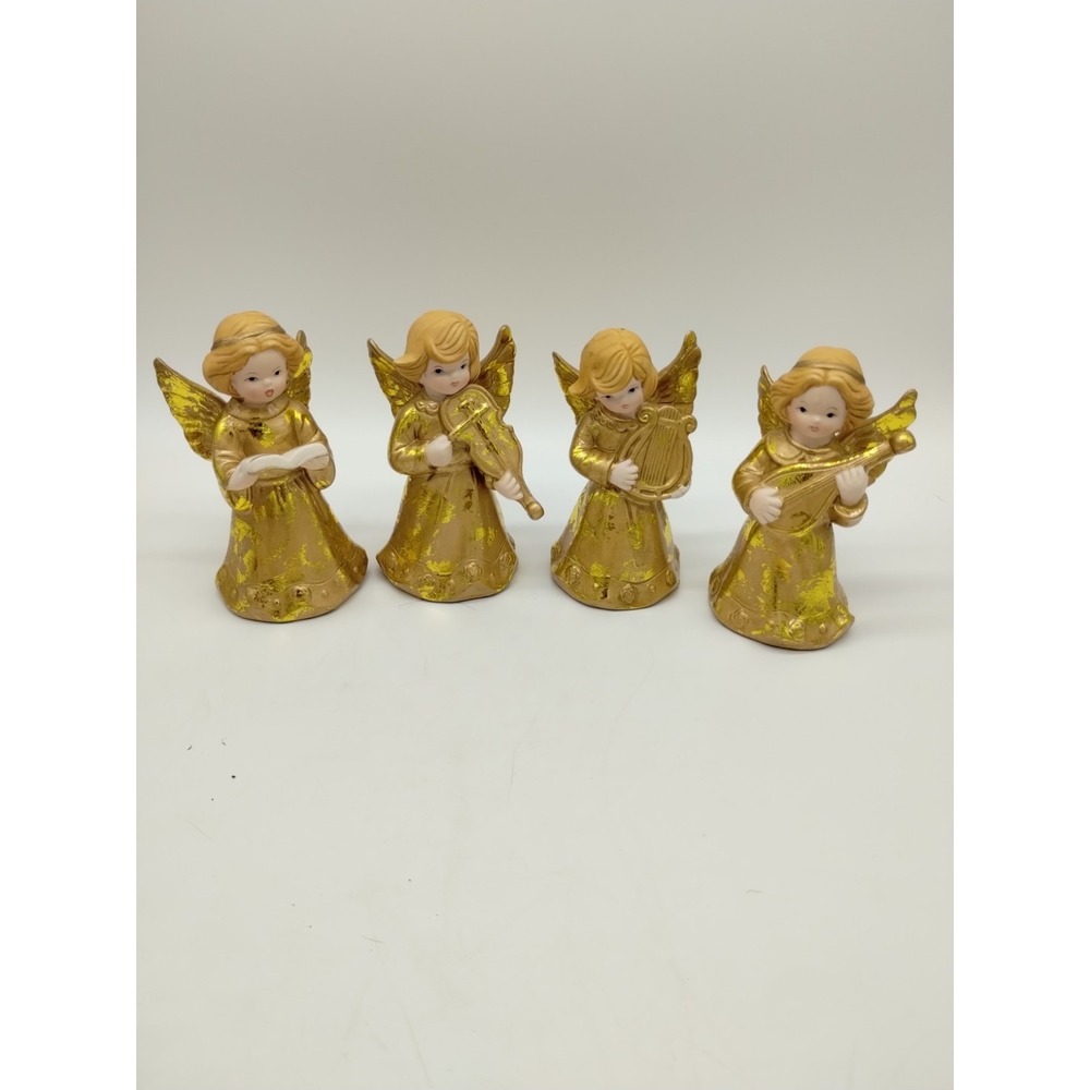 Set Of 4 Porcelain Vintage Christmas Angels Music Choir 4" Tall Weeping Gold